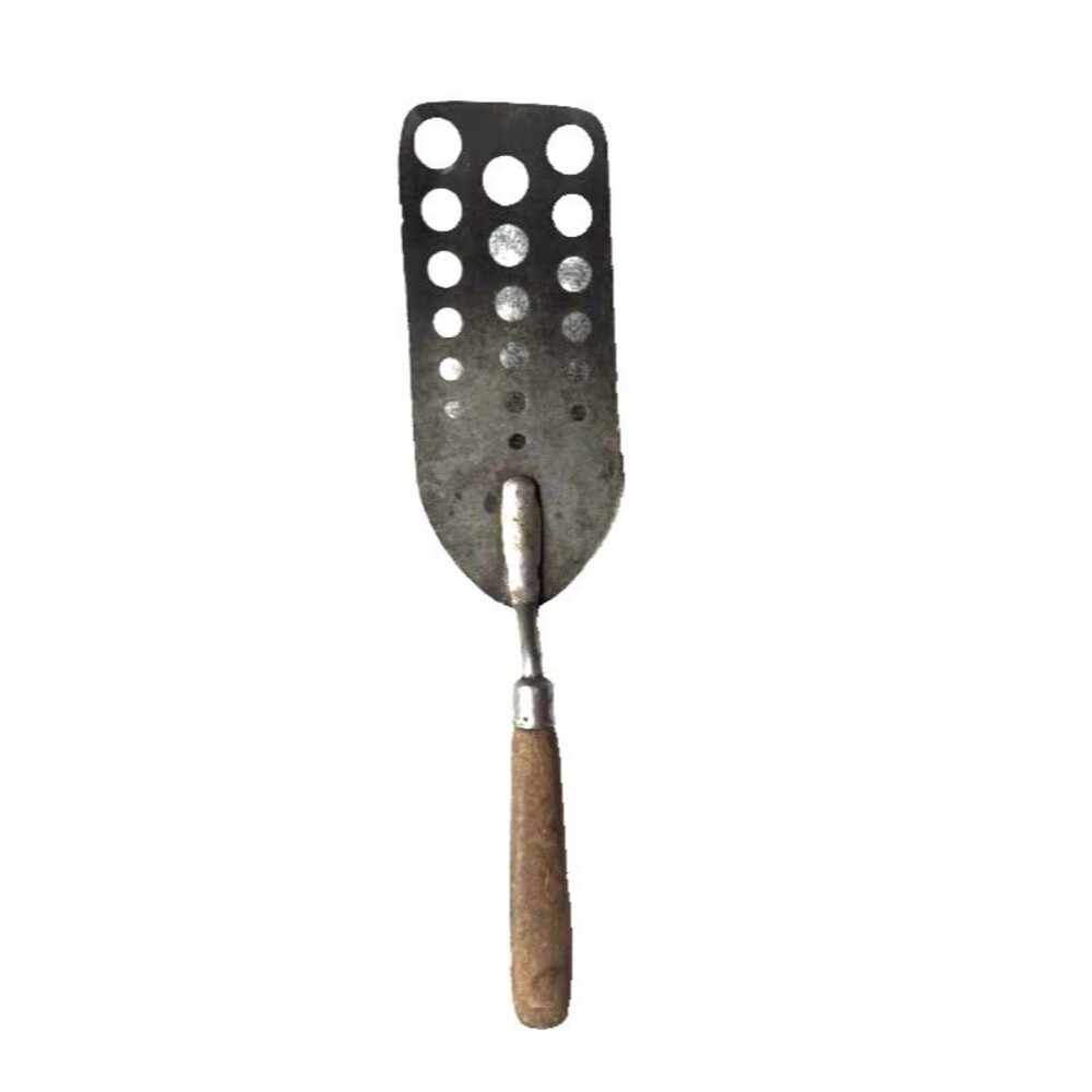 Vintage Slotted Turner Spatula Wood Handle Primitive Kitchen Utensil Steel 11"